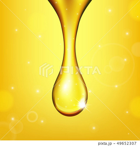 Creative illustration of realistic olive fuel golden liquid, yellow oil drop, sparkling collagen 49652307