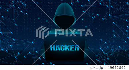 Creative illustration of computer hacker with hoodie and dark obscured face, pc laptop on background 49652842