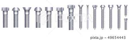 Creative illustration of steel brass bolts, metal screws, iron nails, rivets, washers, nuts hardware 49654443