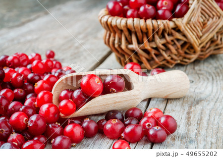 Red ripe cranberries, wooden scoop and basket. 49655202