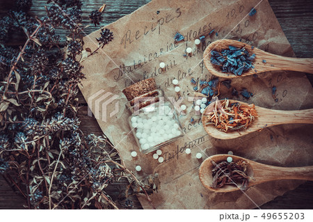 Bottle of homeopathy globules, recipe, spoons. 49655203