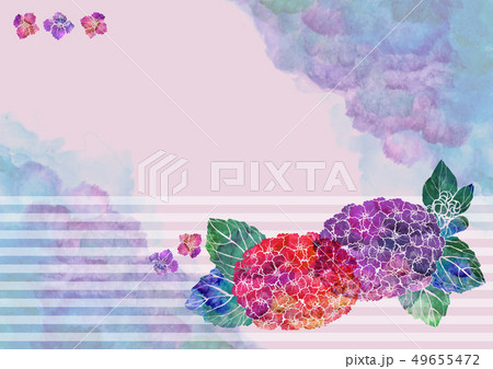 6月 梅雨のフレーム あじさい和柄 手書きの紫陽花 和風の背景素材 水彩のイラスト素材