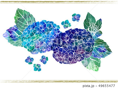 6月 梅雨のフレーム あじさい和柄 手書きの紫陽花 和風の背景素材 水彩のイラスト素材