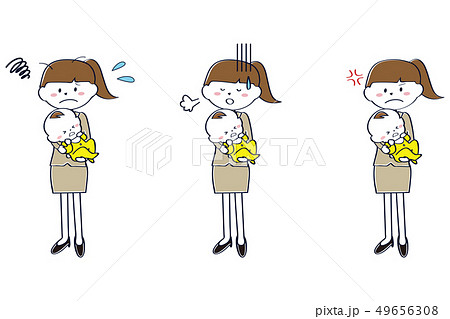 スーツを着たポニーテールのママ 待機児童での3ポーズ 全身 スーツを着たポニーテールのママ 待機児童での3ポーズ 全身 49656308