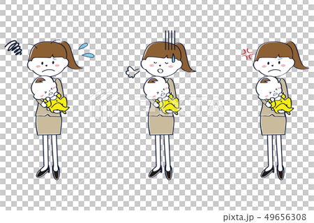 スーツを着たポニーテールのママ 待機児童での3ポーズ 全身 スーツを着たポニーテールのママ 待機児童での3ポーズ 全身 49656308