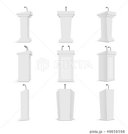 Creative illustration of podium tribune with microphones isolated on background. Art design rostrum 49656598