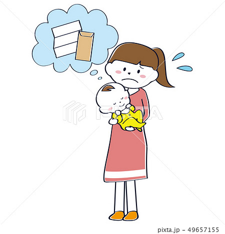 赤ちゃんを抱っこするポニーテールのママ　待機児童 49657155