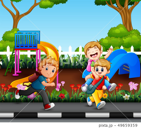 Happy boys running in the city park 49659359