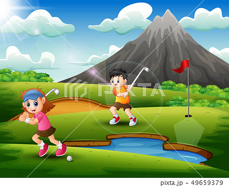 Kids Are Playing Golf In The Beautiful Natureのイラスト素材