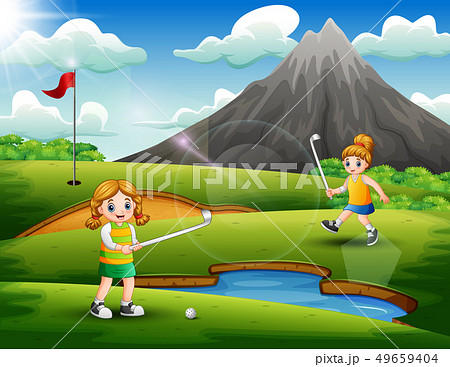 Cute girls playing golf in the court 49659404