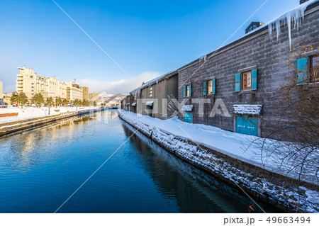 Beautiful landscape and cityscape of Otaru canal river in winter and snow season 49663494