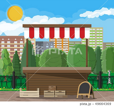 Market food stall with crates, chalk board 49664369