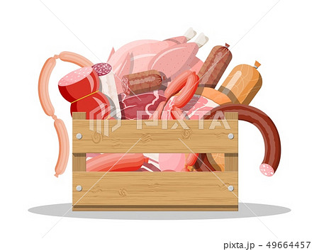 Wooden box full of meat. Wooden box full of meat. 49664457