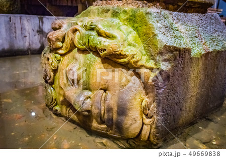 Column with inverted Medusa head base in Basilica Cistern. Istanbul. Turkey 49669838