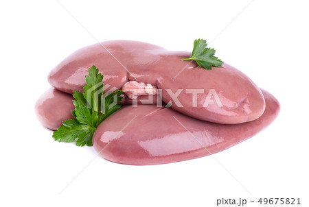 Pork kidney raw isolated on white background. Closeup. Pig kidney isolated with parsley leaves. 49675821