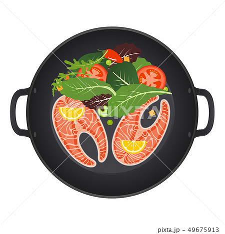 Pan with salmon steak, lemon, tomatoes and lettuce. Top view. Creative design for breakfast menu Pan with salmon steak, lemon, tomatoes and lettuce. Top view. Creative design for breakfast menu 49675913