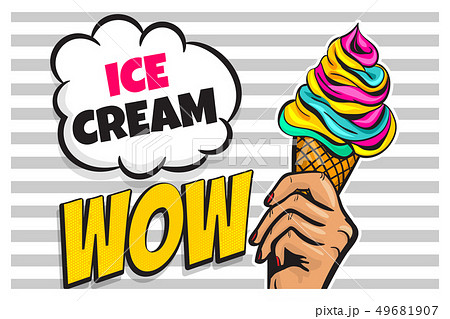 White woman hand hold cone ice cream pop art 49681907