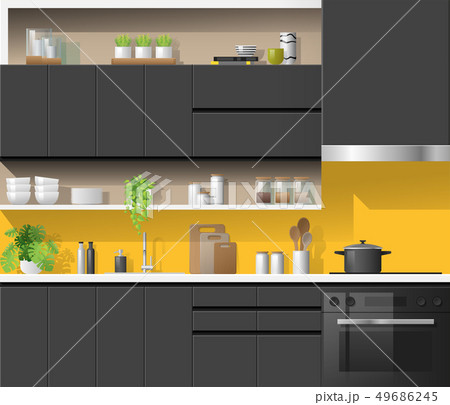 Modern black kitchen with yellow background 49686245