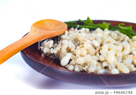 Fresh Red ant eggs are larvae of ants in wood dish Fresh Red ant eggs are larvae of ants in wood dish 49686298