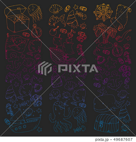 Ocean and sea for children. Pattern for boys. Pirate party. Cute fishes, animals, treasures. Kids 49687607