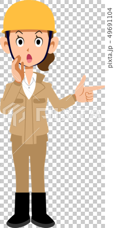 警告する建築現場作業員の女性　ベージュ色の作業着 49691104