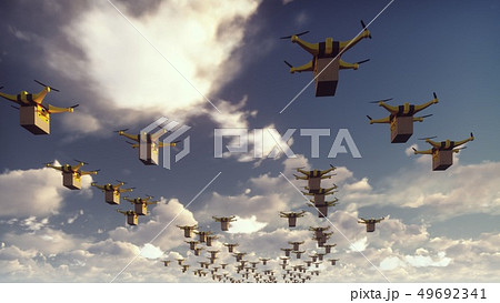 Autonomous delivery of parcels by unmanned drones-quadrocopters flying on a Sunny day. 3D Rendering Autonomous delivery of parcels by unmanned drones-quadrocopters flying on a Sunny day. 3D Rendering 49692341