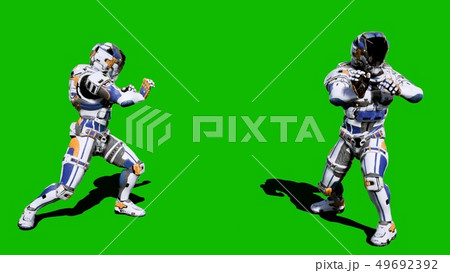 Cosmonaut-soldier of the future fights in front of the green screen. 3D Rendering Cosmonaut-soldier of the future fights in front of the green screen. 3D Rendering 49692392