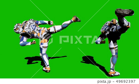 Cosmonaut-soldier of the future fights in front of the green screen. 3D Rendering 49692397