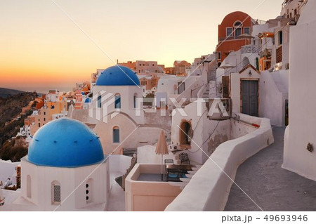 Santorini skyline sunset blue dome Santorini skyline sunset blue dome 49693946