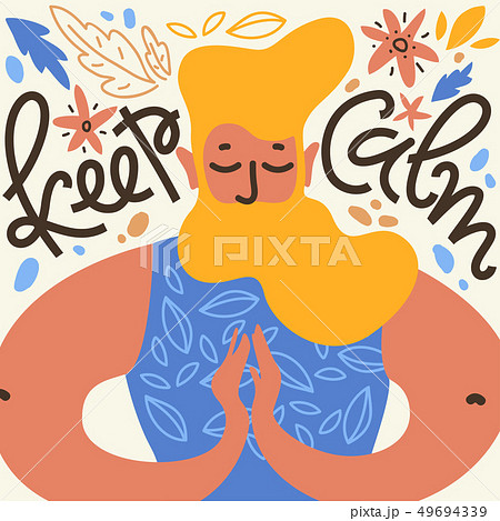 Keep calm. Vector illustration with meditate man with the beard in namaste pose, leaves and flower Keep calm. Vector illustration with meditate man with the beard in namaste pose, leaves and flower 49694339