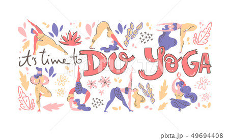 Yoga poster in folk scandinavian style with yogis, plants and lettering. Flat vector illustration. Yoga poster in folk scandinavian style with yogis, plants and lettering. Flat vector illustration. 49694408