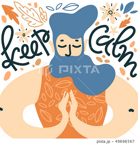 Keep calm. Vector illustration with meditate man with the beard in namaste pose, leaves and flower Keep calm. Vector illustration with meditate man with the beard in namaste pose, leaves and flower 49696567