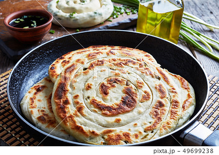 close-up of  hot Chinese green onion Pancakes 49699238