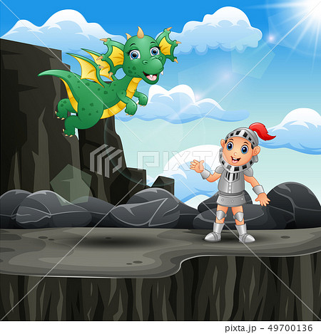 Cartoon knight and a dragon at the mountain cliff 49700136