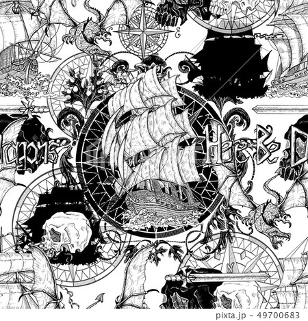 Seamless pattern with ancient sailboat, dragon 49700683