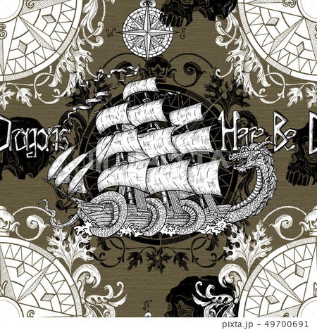 Seamless pattern with sea dragon, compass 49700691