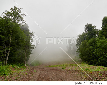 Dirt road on a mountain slope in dense fog. Dirt road on a mountain slope in dense fog. 49700776