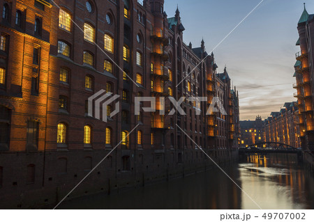 Speicherstadt of Hamburg, Germany at night 49707002
