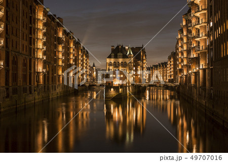 Speicherstadt of Hamburg, Germany at night Speicherstadt of Hamburg, Germany at night 49707016