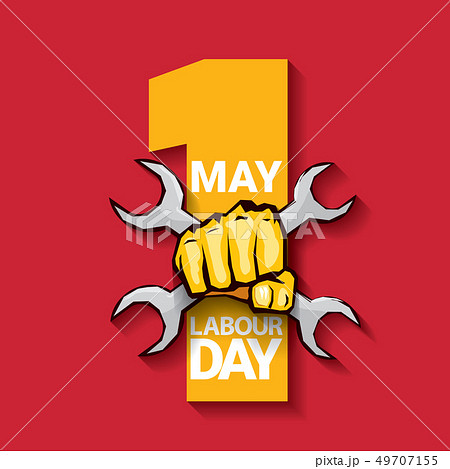 Happy labour day vector label with strong orange fist on red background. labor day background or 49707155