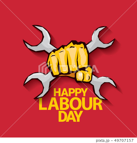 Happy labour day vector label with strong orange fist on red background. labor day background or 49707157