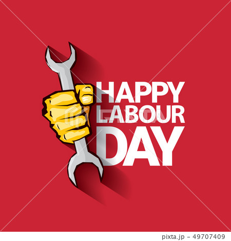 Happy labour day vector label with strong orange fist on red background. labor day background or 49707409