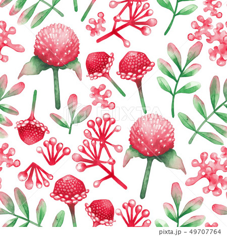 Watercolor seamless pattern of red flowers and leaves. 49707764