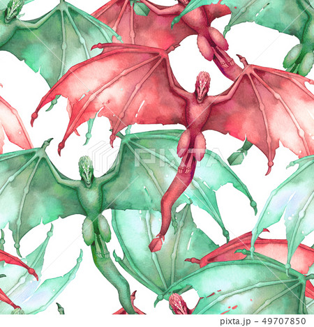 Flying watercolor dragons with open wings in green and red colors Flying watercolor dragons with open wings in green and red colors 49707850
