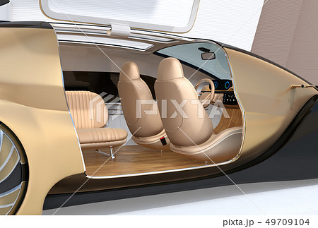 自動運転電気自動車高級サルーンのクローズアップイメージ。前列シート後ろ向きで車内会議状態に、 自動運転電気自動車高級サルーンのクローズアップイメージ。前列シート後ろ向きで車内会議状態に、 49709104