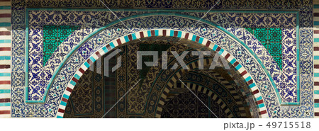 Blue Arabic mosaic tiles and details on the Dome of the Rock, Temple Mount, Jerusalem. Israel. Blue Arabic mosaic tiles and details on the Dome of the Rock, Temple Mount, Jerusalem. Israel. 49715518