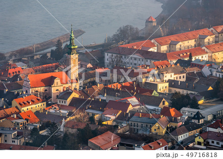 Small City near a River at Sunrise 49716818