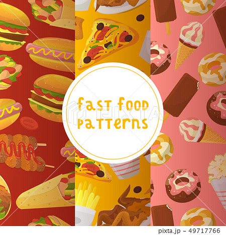 Fast food seamless pattern vector illustration. Eating out. Quick way to have meal. Pizza, taco Fast food seamless pattern vector illustration. Eating out. Quick way to have meal. Pizza, taco 49717766