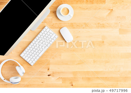 Top view of large desktop computer on wooden table 49717996