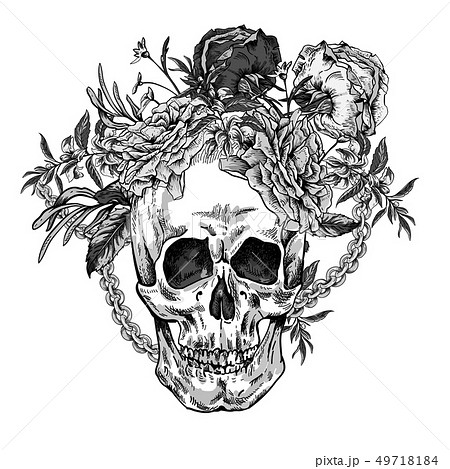 Vector Skull with roses, chains and wildflowers Vector Skull with roses, chains and wildflowers 49718184